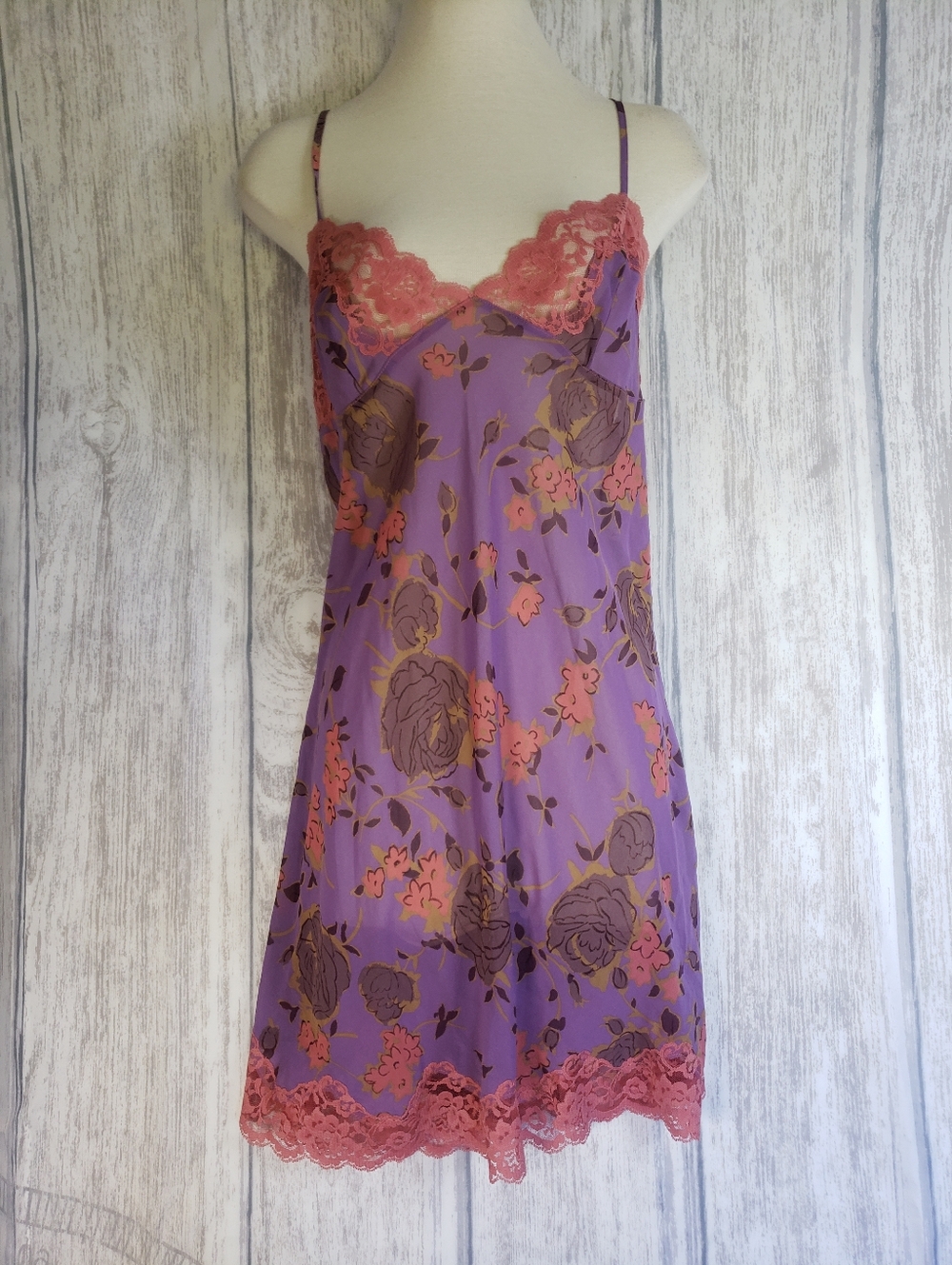 Victoria's Secret Purple Floral Slip Dress with Coral Lace Trim Polyester  Large